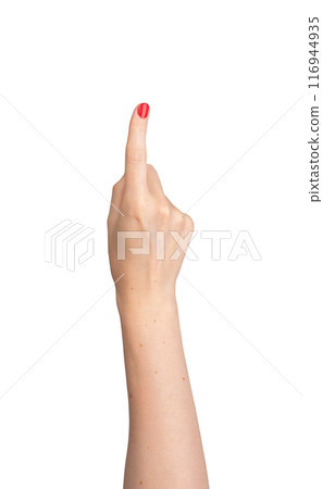 Right hand of a lady with red nail varnish, index finger extended to point and indicate. Gesture Right hand of a lady with red nail varnish, index finger extended to point and indicate. Gesture 116944935