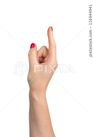 Gesture of pointing with an outstretched index finger, red varnish on the nails of a Caucasian woman 116944941