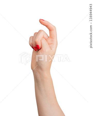 A hand with an index finger bent and pointing, isolated against a white background. The gesture is 116944943