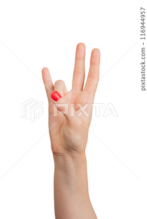 Hand showing the number 7 with fingers, isolated on a white background. Elegant womans hand with 116944957