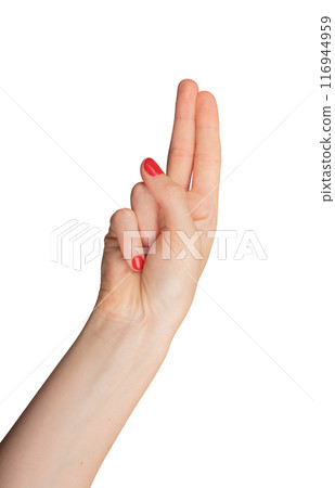 Two fingers, middle and index, raised in a gun gesture. Isolated on white background, showcasing an 116944959