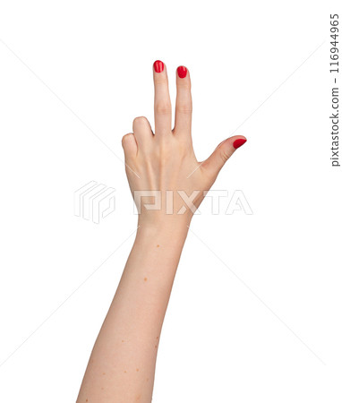 woman's hand holding up three fingers against a clean white background. The gesture, representing 116944965