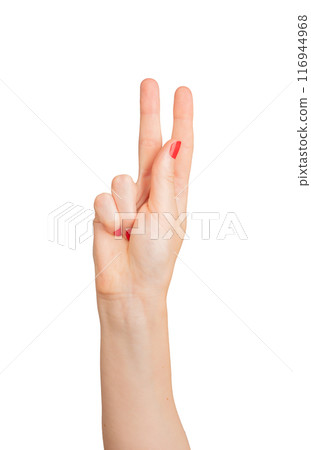 Victory sign with two fingers, symbolizing peace and excitement. Isolated on white background, 116944968