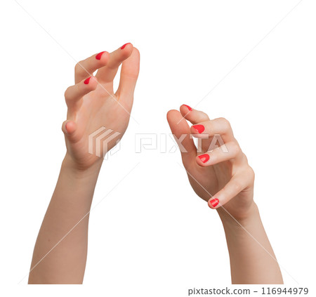 hand reaching forward, positioned against a white background. The hand is outstretched with fingers 116944979
