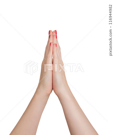 Hands in prayer position, reflecting peace and faith. Elegant manicure with polished nails, Hands in prayer position, reflecting peace and faith. Elegant manicure with polished nails, 116944982