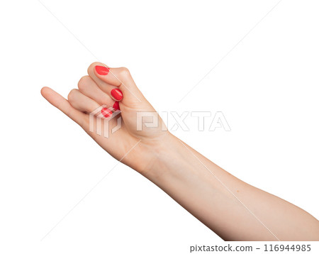 Pinky finger raised in a gesture of communication. Isolated on white background, closeup of a womans 116944985