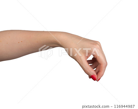 A hand making a pinch gesture with the thumb and forefinger, used to indicate a small size or to 116944987