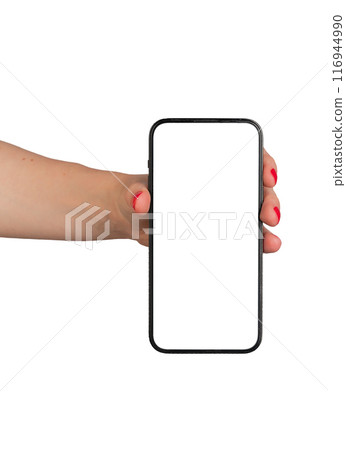 Hand holding mobile phone screen mock up, showing smartphone mockup, isolated on white background. 116944990