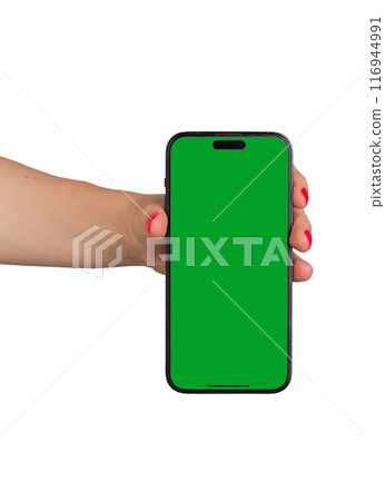 Berlin Germany July 21 2024 Hand holding mobile phone screen mock up, iphone smartphone mockup, 116944991