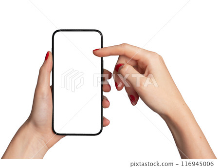 Hand holding mobile phone screen mock up, showing smartphone mockup, scrolling display, isolated on 116945006