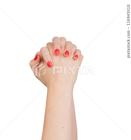 Intertwined hands with fingers clasped, symbolizing unity and support. Gesture of approval and power Intertwined hands with fingers clasped, symbolizing unity and support. Gesture of approval and power 116945018