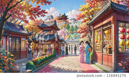 Gorgeous autumn leaves and a fusion of tradition and modernity on a street corner blowing in the autumn wind 116945270