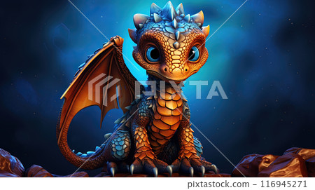 Young green dragon, mysterious creature from farytales and symbol of 2024 lunar year in Chinese calendar. Generated AI. 116945271
