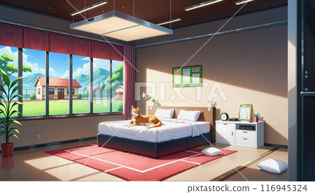 Lost in a daze, sleeping on a bed surrounded by books and dogs, in a dreamlike world - a quiet space colored by mountain scenery 116945324
