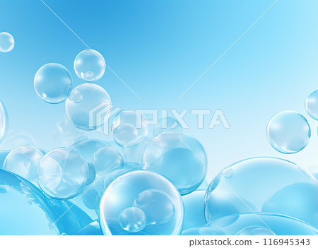 Soaring bubbles on blue background. Abstract soap bubbles floating background. Generated AI. 116945343
