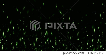 Green fire sparks, abstract glowing embers, heat sparkles, flying flame cinder. 116945442