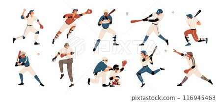 Baseball player characters. American sports game. Athletes in uniform with bats. People batting and serving. Competitive match. Pitchers positions. Sportsmen poses. Garish vector set 116945463