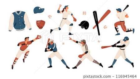 Baseball players. American sports game elements. Special equipment. Baseballers hitting with bats. Athletes in dynamic poses. Competitive match. Pitchers positions. Garish vector set 116945464