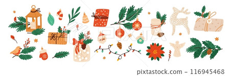 Cartoon Christmas tree decorations. Conifer branches. Winter holiday accessories. Glass ball toys on coniferous sprigs. Merry Xmas celebration. Gift boxes. Festive candle. Garish vector set Cartoon Christmas tree decorations. Conifer branches. Winter holiday accessories. Glass ball toys on coniferous sprigs. Merry Xmas celebration. Gift boxes. Festive candle. Garish vector set 116945468