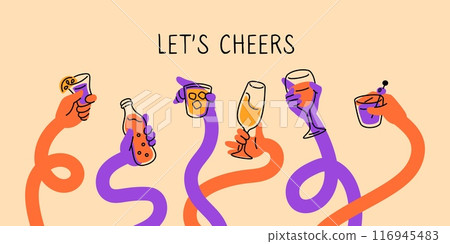 Multicolored hands holding glasses. Cheers human arms gesture. Drink with friends. Bar party time. Celebration process. Alcohol beverage. Long curve tangled limbs. Garish vector concept Multicolored hands holding glasses. Cheers human arms gesture. Drink with friends. Bar party time. Celebration process. Alcohol beverage. Long curve tangled limbs. Garish vector concept 116945483