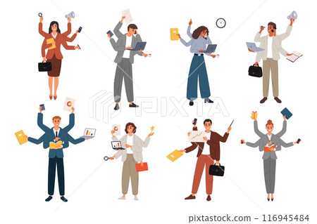 Multitasking characters. Men and women with lots of hands. Executive people performing several tasks at same time. Successful businessman. Effective business management. Garish vector set Multitasking characters. Men and women with lots of hands. Executive people performing several tasks at same time. Successful businessman. Effective business management. Garish vector set 116945484