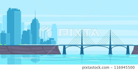 Urban landscape with metal bridge. Megalopolis on river bank. Shore connection. Transport ferriage. Arched structures. Downtown skyscrapers. City panorama. Vector cityscape background 116945500