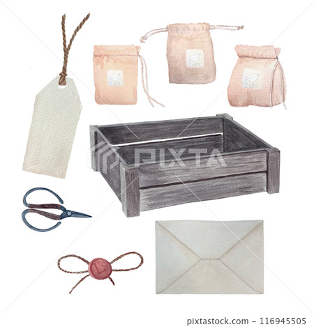 Wooden crate, price tag, wax sealing, scissors, tea bags, envelope watercolor set isolated on white. Rustic art for vintage design, flower shops, stickers, homemade tea, organic herbs labels, logo 116945505