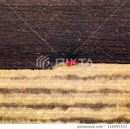 Aerial view of collecting harvest Aerial view of collecting harvest 116945533