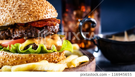 Close up view of home made burger Close up view of home made burger 116945655
