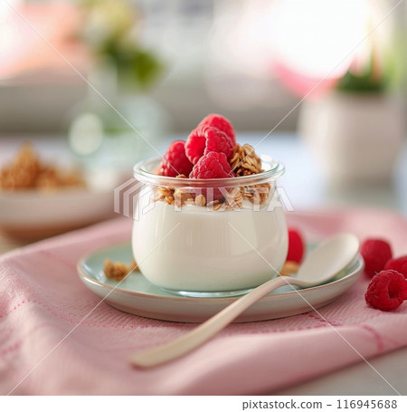 Yogurt Parfait With Raspberries and Granola 116945688