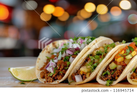 Soft Tacos With Ground Meat and Corn 116945714