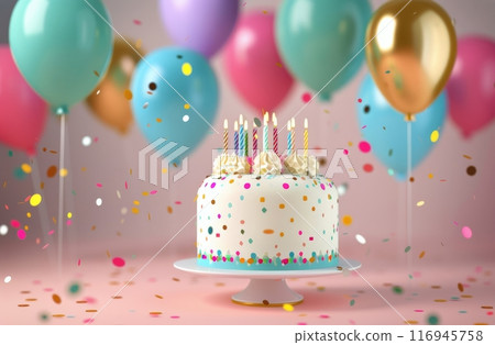 Birthday Cake With Balloons and Confetti Birthday Cake With Balloons and Confetti 116945758