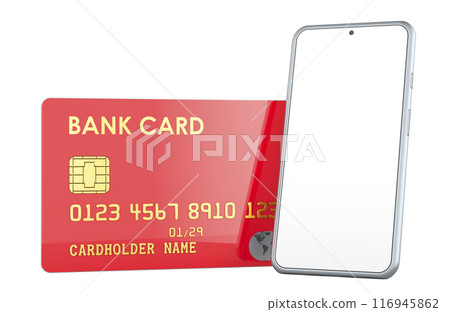 Mobile phone with white screen and credit bank card. 3D rendering Mobile phone with white screen and credit bank card. 3D rendering 116945862