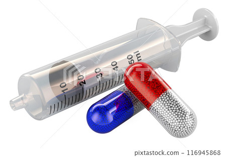 Syringe with medicament capsules, 3D rendering Syringe with medicament capsules, 3D rendering 116945868