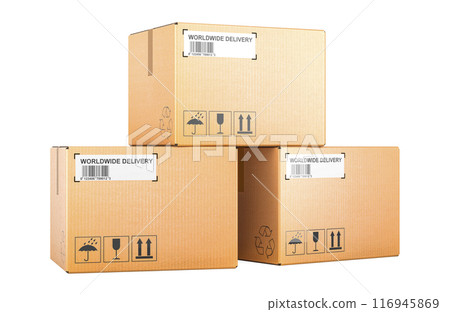 Three Parcels, cardboard boxes. 3D rendering Three Parcels, cardboard boxes. 3D rendering 116945869