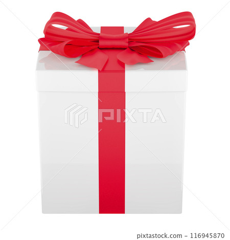 White Gift Box with Red ribbon and bow. Side view, 3D rendering 116945870