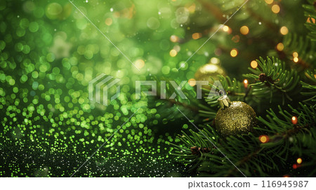Green holiday background with Christmas toys balls and shine glitter. New year design Green holiday background with Christmas toys balls and shine glitter. New year design 116945987