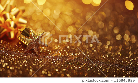 Gold holiday background with Christmas toys stars and shine glitter. New year design Gold holiday background with Christmas toys stars and shine glitter. New year design 116945989