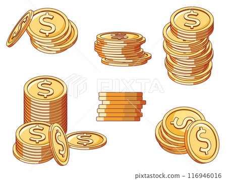 Golden coins stacks. Money currency fistfuls, financial assets, cash, different viewing angles and stack heights, dollar sign, casino jackpot, symbol isolated financial vector set Golden coins stacks. Money currency fistfuls, financial assets, cash, different viewing angles and stack heights, dollar sign, casino jackpot, symbol isolated financial vector set 116946016