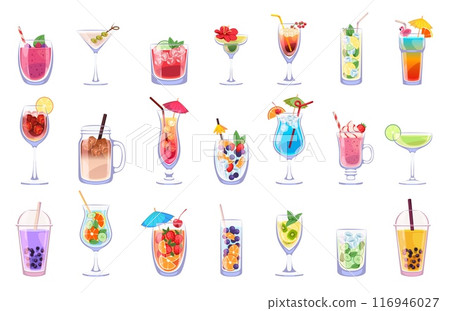 Summer fresh drinks. Fruit cocktails, cold beverages in various form glasses, ice cubes, soda and mint leaves, juices and lemonades, mojito and margarita. Tidy vector isolated set 116946027