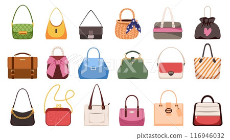 Woman trendy handbags. Female bags, textile, leather modern ladies accessories, casual fashion clutches, shoppers, purses, colorful hobo and casual shopper, tidy vector cartoon flat isolated set Woman trendy handbags. Female bags, textile, leather modern ladies accessories, casual fashion clutches, shoppers, purses, colorful hobo and casual shopper, tidy vector cartoon flat isolated set 116946032