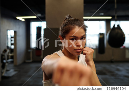 Boxer keeping clenched fist by her face 116946104