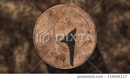 Top view of sundial with gnomon in the evening Top view of sundial with gnomon in the evening 116946117
