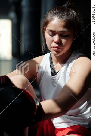 Girl enjoying break between trainings 116946189