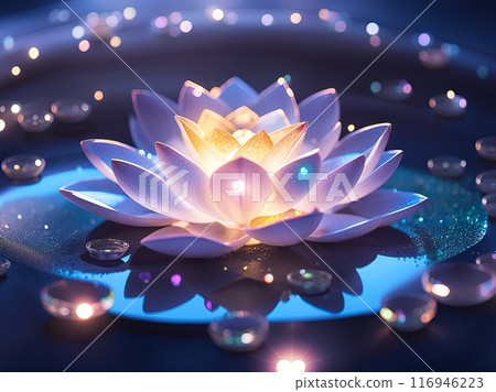 the image of a white lotus flower in full bloom with a radiant light and a starry night sky background the image of a white lotus flower in full bloom with a radiant light and a starry night sky background 116946223