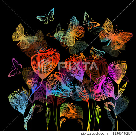 Line colored flowers with butterflies on a black background. hand drawing. Not AI, Vector illustration 116946294