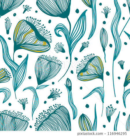 Beautiful background of butterflies blue and white colors. Seamless pattern of monochrome flowers and butterflies. hand drawing. Not AI, Vector illustration 116946295