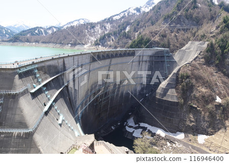 Kurobe Dam on the Tateyama Kurobe Alpine Route in early May Kurobe Dam on the Tateyama Kurobe Alpine Route in early May 116946400