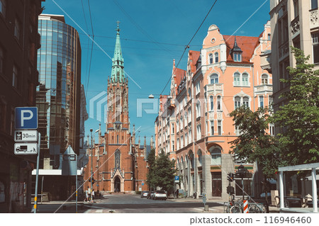 View of the old Riga Evangelical Lutheran Church of St. Gertrude, patroness of all travelers. Riga, Latvia. View of the old Riga Evangelical Lutheran Church of St. Gertrude, patroness of all travelers. Riga, Latvia. 116946460