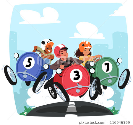 Joyful Race Scene With Three Children In Colorful Pedal Cars Numbered 5, 3 And 7, Showcasing Vibrant Action 116946599